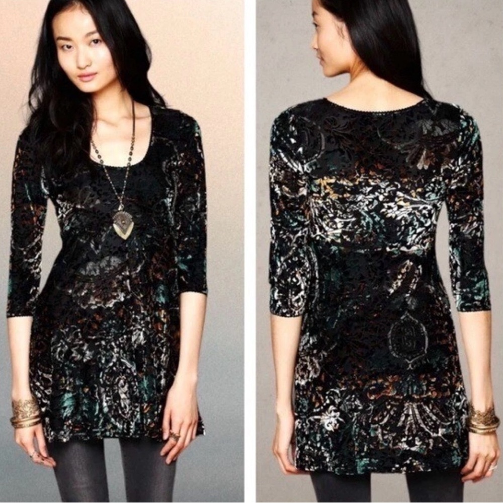 Free People 3/4 Sleeve Velvet Burnout Mini Dress Black 90s Y2K Aesthetic Size XS
